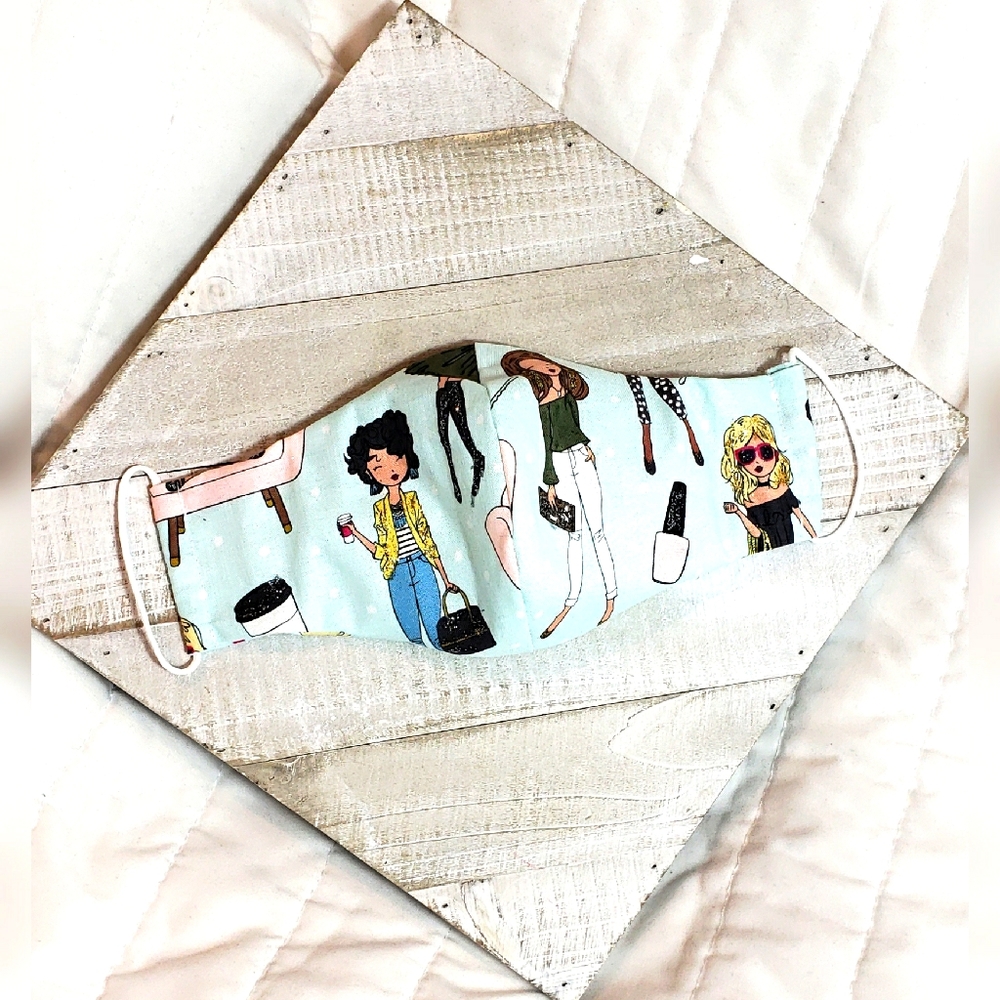 Cartoon Women Teal WhiteFace Mask Reversible Triple Layer Filter NWT